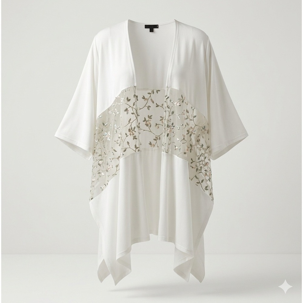 Paperoc White Floral Embroidered Kimono Cardigan Wrap Fairy Garden Spring L Boho